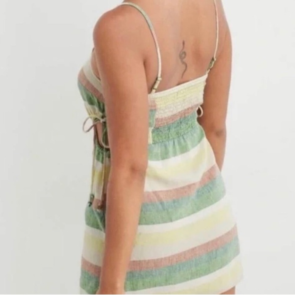 Aerie Green Striped Side Cut Out Linen Blend Mini Dress Size M - Picture 2 of 12
